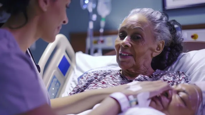 Nurse gently holding a patient's hand, providing comfort in a hospital setting